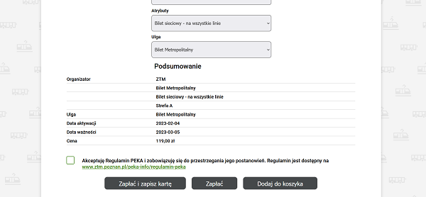 12. widok panelu na stronie www.peka.poznan.pl w trakcie zakupu biletu on line po wyborze strefy biletowej A i atrybutu biletu na siec oraz rodzaju biletu Metropolitalny.