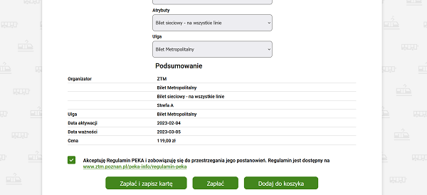 14. widok panelu na stronie www.peka.poznan.pl w trakcie zakupu biletu on line po zaakceptowaniu Regulaminu PEKA.