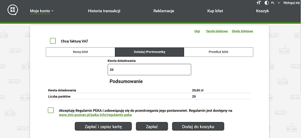 3. widok panelu na stronie www.peka.poznan.pl po wpisaniu kwoty doladowania tPortmonetki w wysokosci 20 PLN i kliknieciu przycisku Dalej.