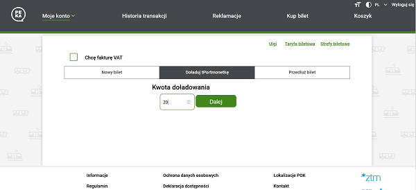 3. widok panelu na stronie www.peka.poznan.pl po wpisaniu kwoty doladowania tPortmonetki w wysokosci 20 PLN.