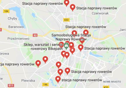 Lokalizacje stacji napraw rowerów na Google Maps