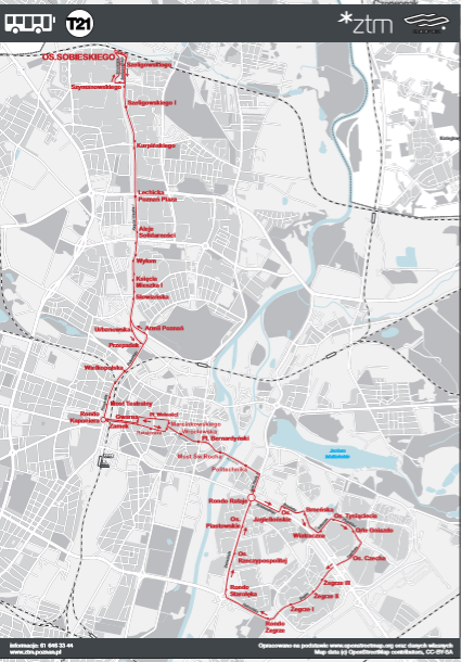 Trasa autobusu zastepczego T21 za tramwaj nocny 201