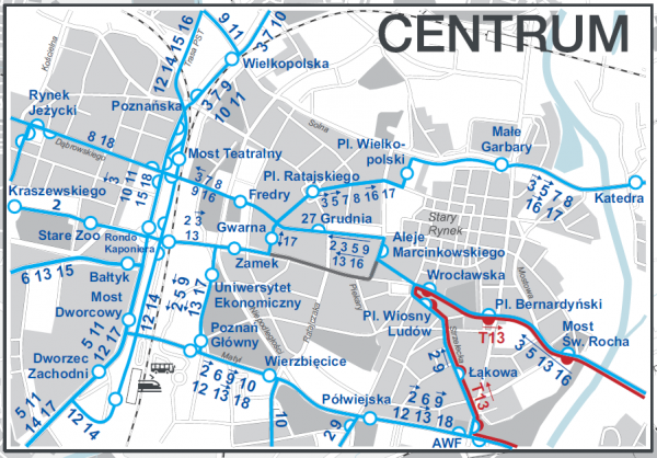 schemat ruchu trawmajowego w centrum Poznania w weekend 15 16.06.2024