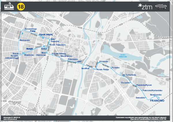 schemat trasy linii tramwajowej nr 18 w dniach 23 24.11.2019