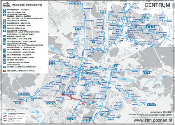 mapa sieci tramwajowej w dniu 3 maja 2024