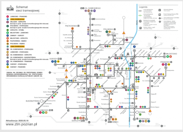 Schemat komunikacji tramwajowej ZTM obowiazujacy od 18 maja 2020