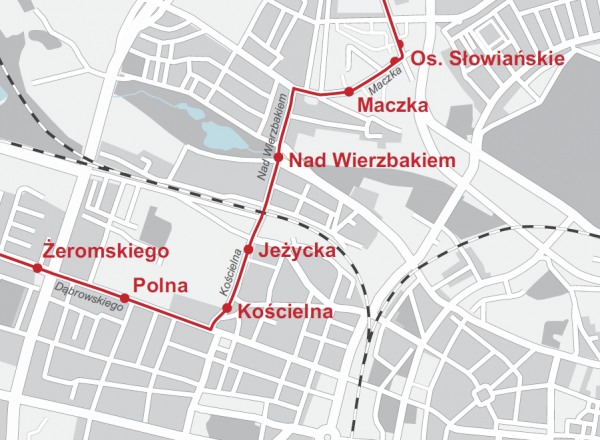 schemat zmienionego fragmentu trasy linii nr 191 na Jezycach od 18 maja 2024