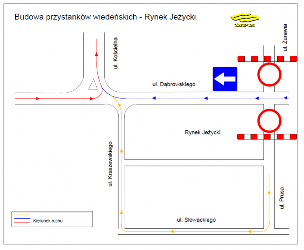 schemat organizacji ruchu z uwagi na budowe przystankow wiedenskich Rynek Jezycki na ulicy Dabrowskiego