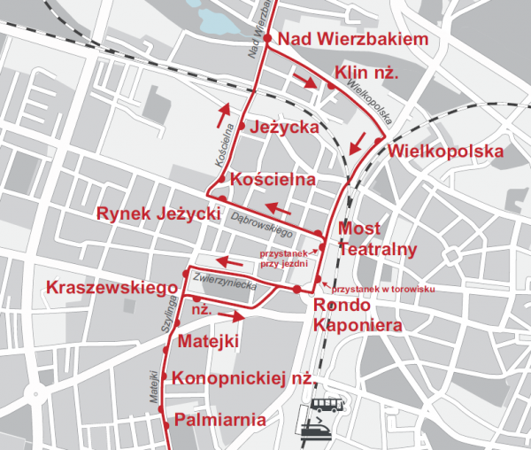 schemat zmienionego fragmentu trasy linii nr 164 na Jezycach od 18 maja 2024