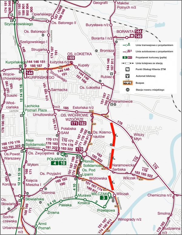 schemat komunikacji publicznej w czasie prac przy budowie trasy tramwajowej na Naramowice