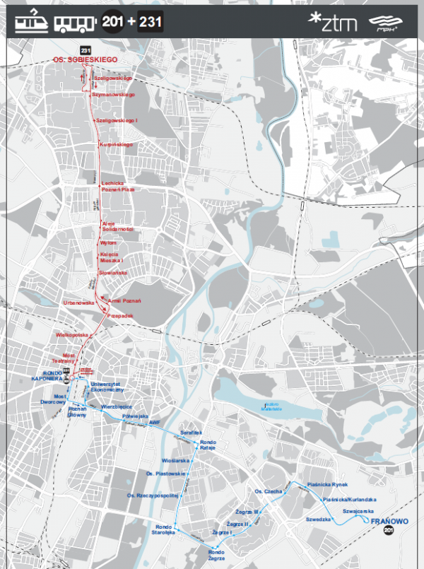 schemat zmienionej trasy linii nr nocnej 201 i trasa dodatkowo uruchamianej linii nr 231