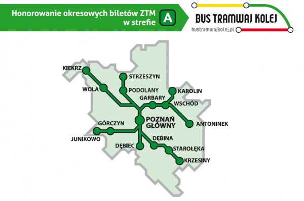 mapka obszaru Poznania na ktorym mozna sie przemieszczac pociagami Kolei Wielkopolskich oraz REGIO na podstawie waznego biletu okresowego sieciowego ZTM2