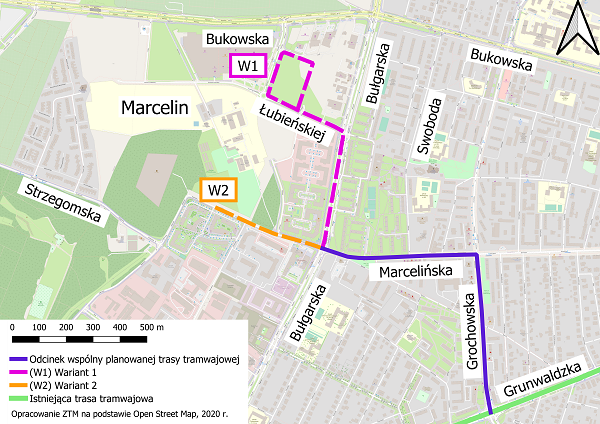 rysunek przedstawia przebieg planowanej trasy tramwajowej Marcelin