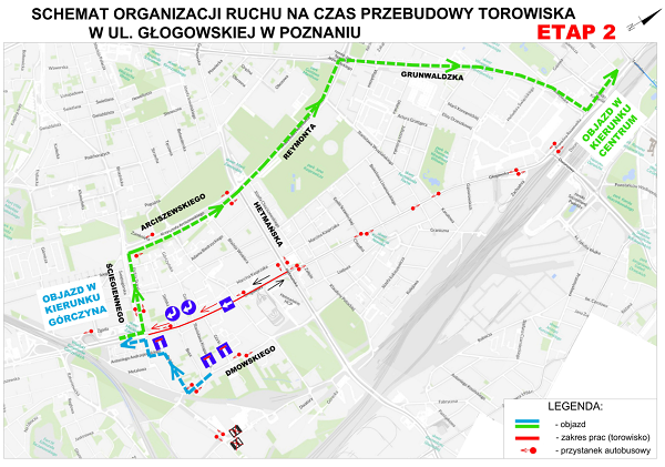 schemat organizacji ruchu na czas II etapu prac na ulicy Glogowskiej