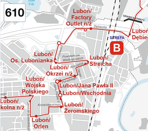 schemat zmienionej trasy linii numer 611
