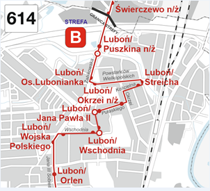 schemat zmienionej trasy linii numer 614