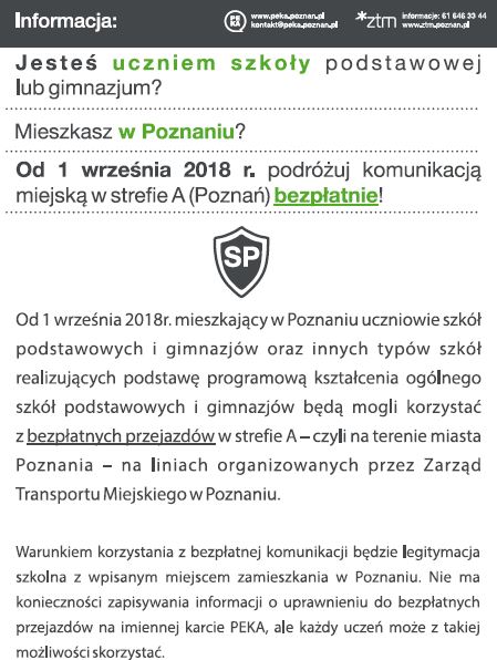 ulotka ws. bezplatnych przejazdow od 1.09.2018r. uczniow SP i gimnazjow mieszkajacych w Poznaniu 1