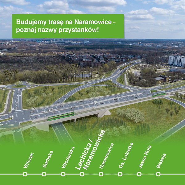 wizualizacja przedstawiajaca nazwy przystankow na trasie tramwajowej na Naramowice prezentacja wezla Lechicka Naramowicka n