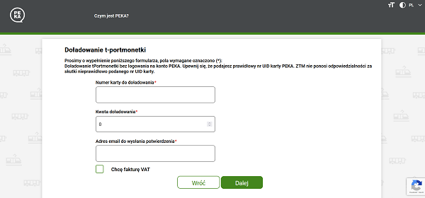 3. widok panelu po wejsciu na strone www.peka.poznan.pl i kliknieciu Doladuj tPortmonetke bez logowania