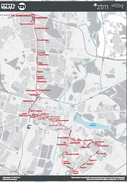 Trasa autobusu zastepczego T21 za tramwaj nocny 202