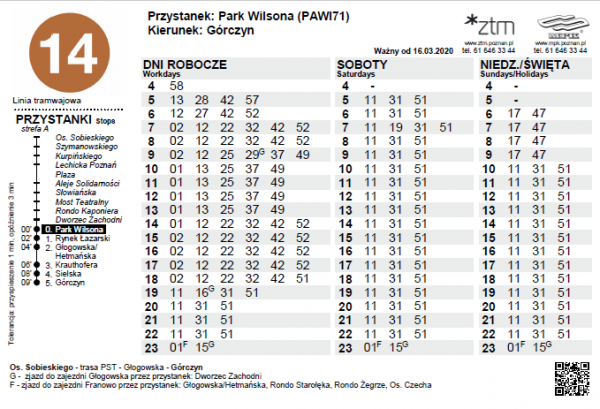 ilustracja prezentujaca rozklad jazdy linii nr 14 z QR kodem