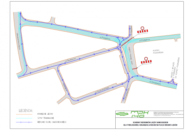 Schemat tymczasowej organizacji ruchu na placu Wiosny Ludow