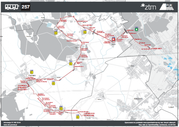 schemat trasy linii nocnej numer 257 od 1 wrzesnia 2021