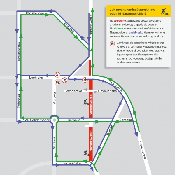 schemat organizacji ruchu w czasie prac przy budowie trasy tramwajowej na Naramowice