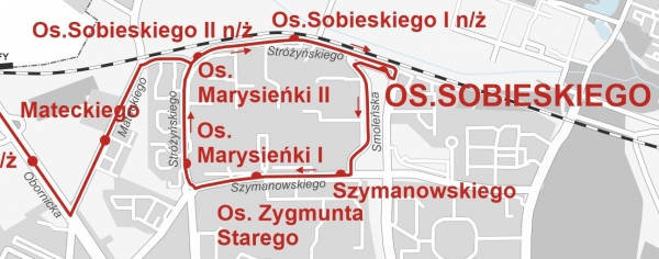 mapka ze schematem objazdowych tras dla autobusow linii 151 185 190 193 235 i 832 wyjezdzajacych z Dworca Sobieskiego 16 18.11.2019r