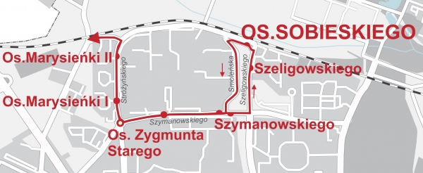 mapka ze schematem objazdowych tras dla autobusow linii 901 902 904 i 907 wyjezdzajacych z Dworca Sobieskiego 16 18.11.2019r