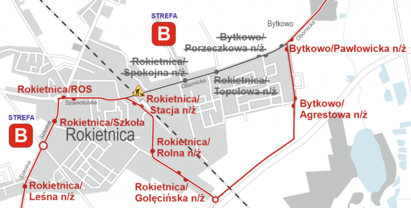 ilustracja przedstawia schemat zmianionej trasy linii numer 832 w dniach 8 i 9 sierpnia