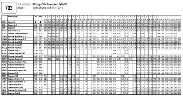 tabela z rozkladem jazdy dla linii numer 703 obowiazujacym od 19.11.2019r.