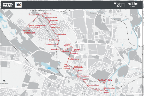 schemat zmienionej trasy linii nr 160 od 10 kwietnia 2024