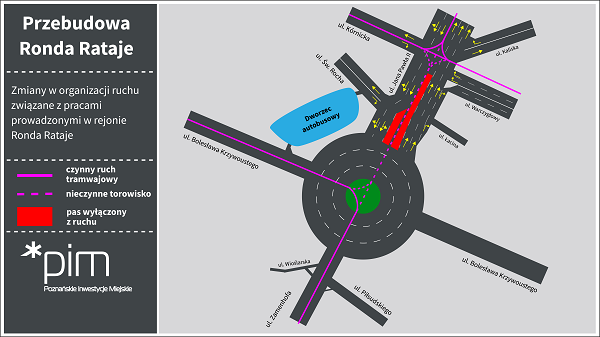 ilustracja przedstawia zmiany w organizacji ruch w pierwszym etapie przebudowy ronda Rataje2