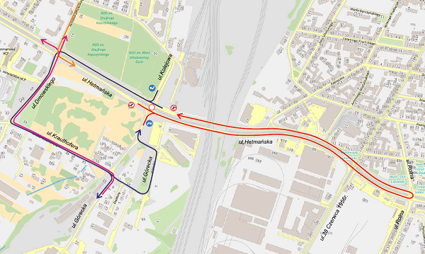 schemat objazdow dla ruchu kolowego podczas prac na skrzyzowaniu ulic Hetmanskiej i Kolejowej od 27 kwietnia do 5 maja