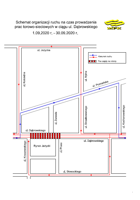 schemat przedstawia organizacje ruchu podczas prac torowych na ulicy Dabrowskiego od ul. Prusa do ul. Kraszewskiego w terminie od 1 do 30 wrzesnia