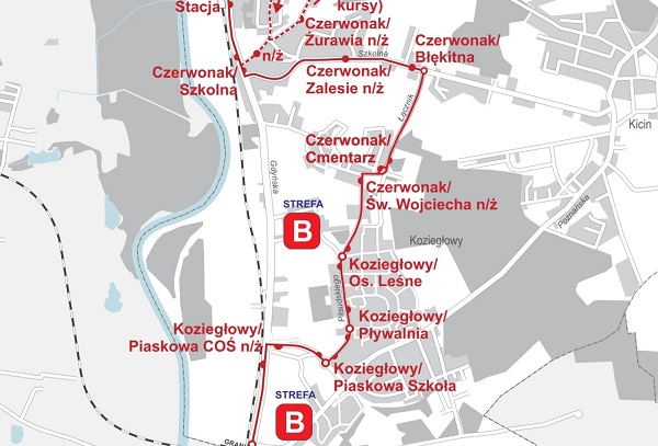 zdjecie przedstawia fragment zmienionej trasy linii numer 312 od 1 marca 2021
