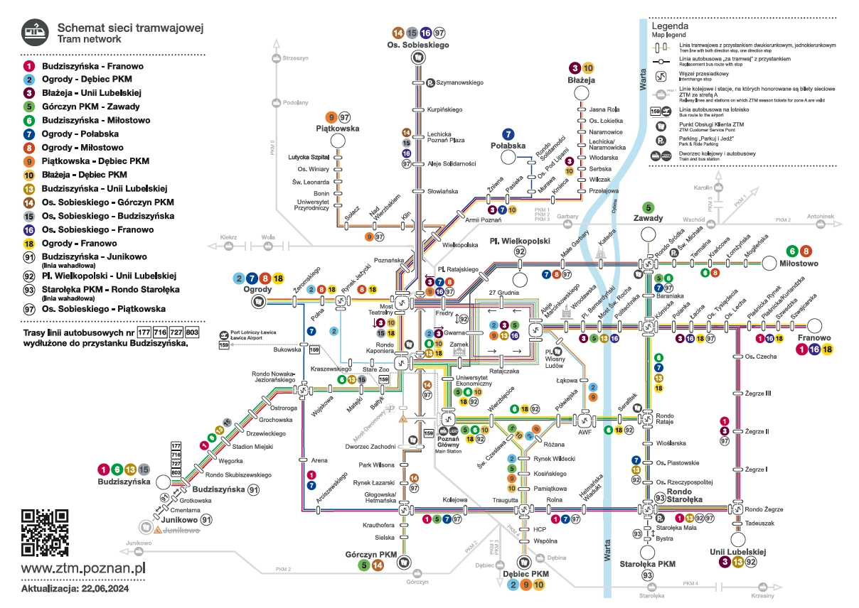 Schemat sieci tramwajowej od 22 czerwca do 1 wrzesnia 2024