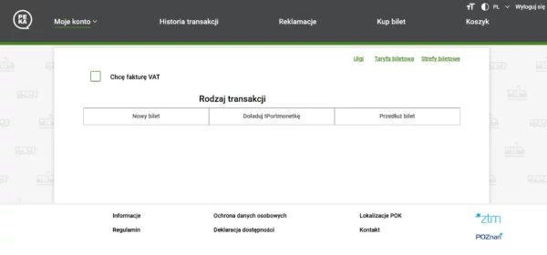 widok panelu na stronie www.peka.poznan.pl po kliknięciu przycisku kup lub przedłuż bilet. Jeśli chcemy otrzymać fakturę VAT, w tym momencie możliwe jest zaznaczenie okienka obok opisu "Chcę fakturę VAT".