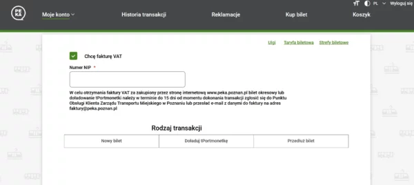 Widok panelu na stronie www.peka.poznan.pl po zaznaczeniu pola obok opisu "Chcę fakturę VAT". Zaznaczenie pola dotyczącego faktury jest też możliwe na kolejnych etapach zakupu biletu. W celu powiększenia kliknij w obrazek.