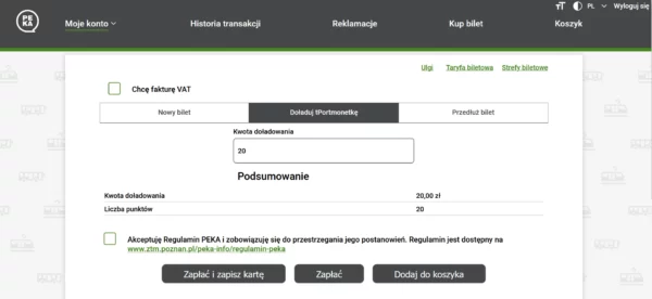 Widok panelu na stronie www.peka.poznan.pl po wpisaniu kwoty doładowania tPortmonetki w wysokości 20 PLN i kliknięciu przycisku Dalej. W celu powiększenia kliknij w obrazek.