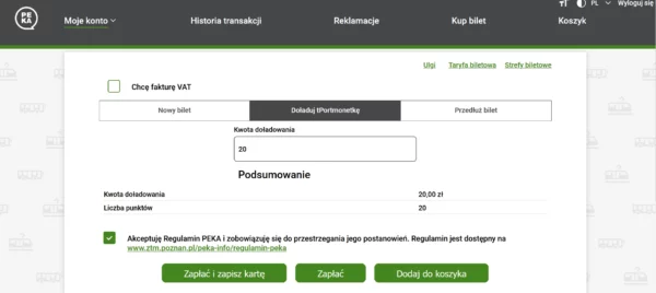 Widok panelu na stronie www.peka.poznan.pl po wpisaniu kwoty doładowania tPortmonetki w wysokości 20 PLN i kliknięciu przycisku Dalej i zaakceptowaniu Regulaminu PEKA. Do tego etapu - jeśli chcemy otrzymać fakturę VAT - możemy zaznaczyć okienko obok opisu "Chcę fakturę VAT". W celu powiększenia kliknij w obrazek.