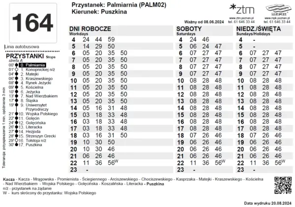 tabliczka z rozkładem jazdy linii autobusowej w Poznaniu