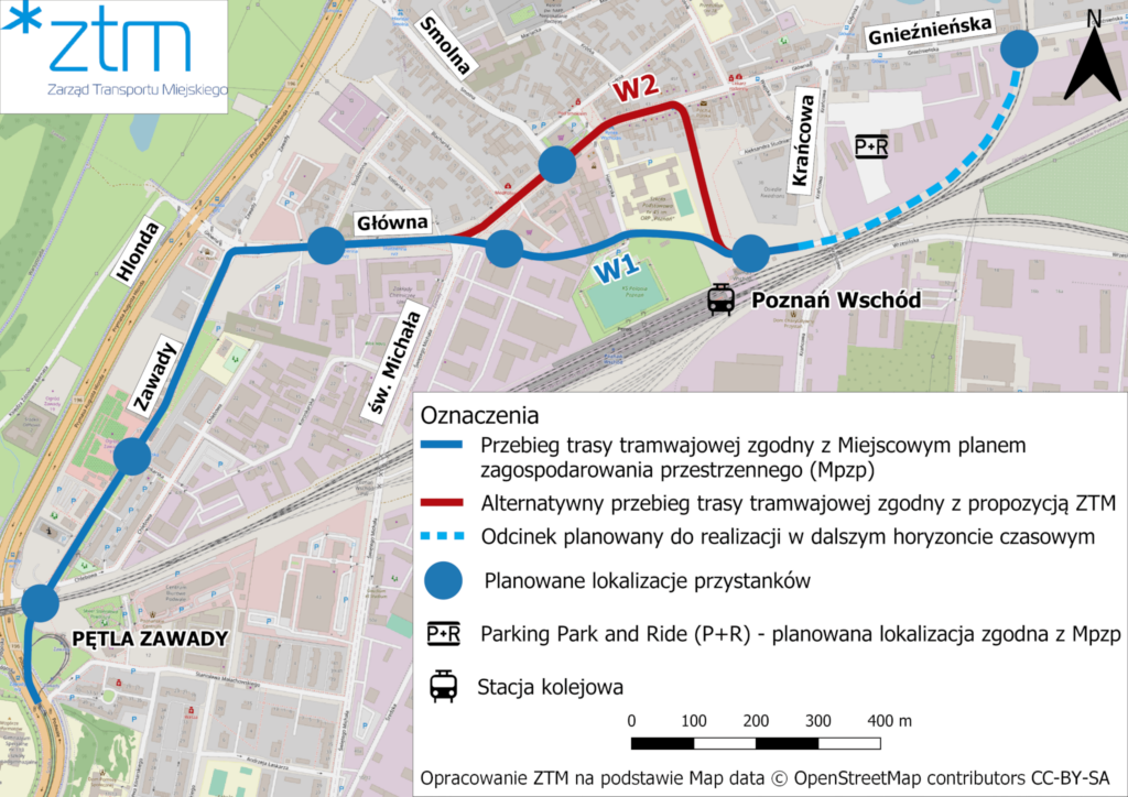 Mapa trasy tramwajowej Poznań Wschód