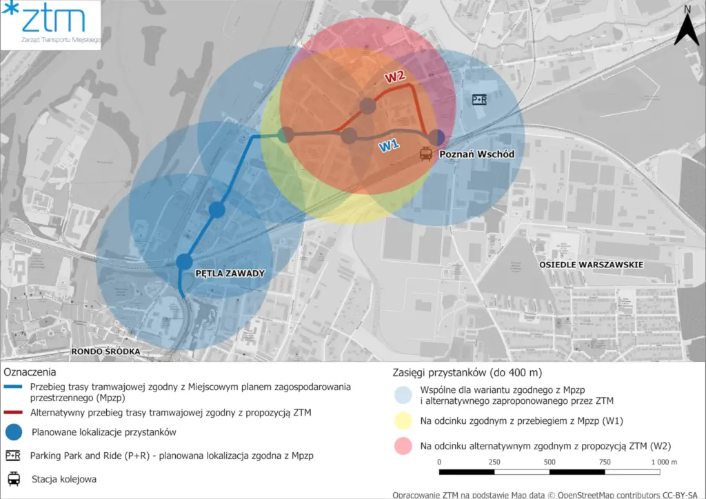 Mapa zasięgu dostępności do trasy tramwajowej Poznań Wschód